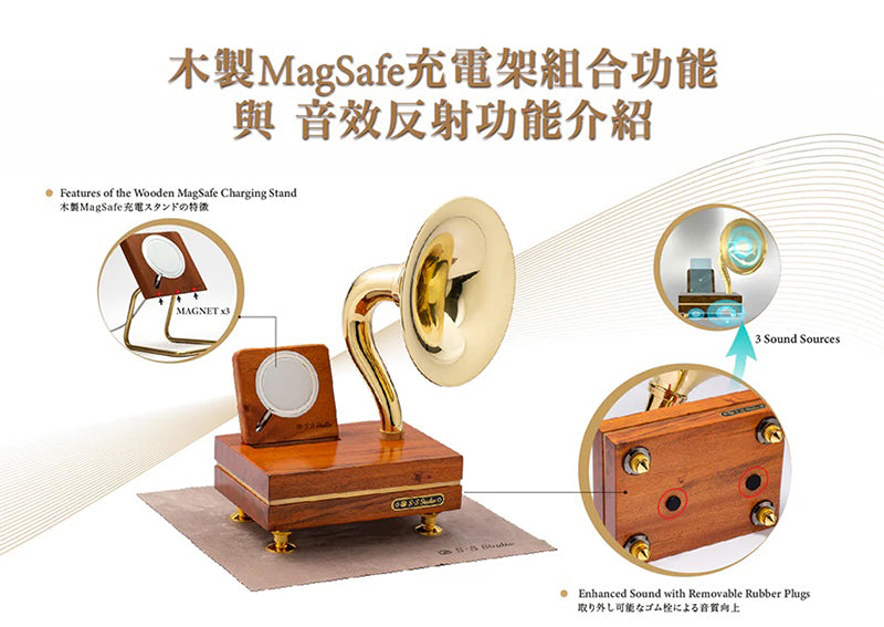 “Wood Wireless Charging Stand” for Simple Sound: magnetic attachment, MagSafe phone stand, brass stand, Qi compatibility. Enhance music experience with removable rubber plugs. Apple charger sold separately.