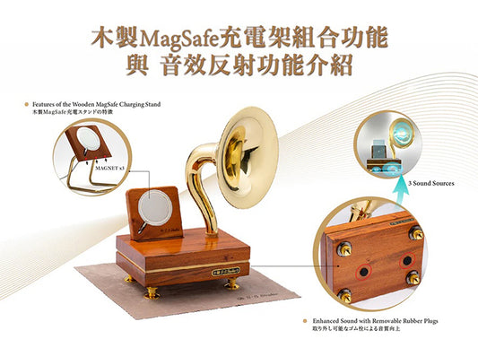 “Wood Wireless Charging Stand” for Simple Sound: magnetic attachment, MagSafe phone stand, brass stand, Qi compatibility. Enhance music experience with removable rubber plugs. Apple charger sold separately.